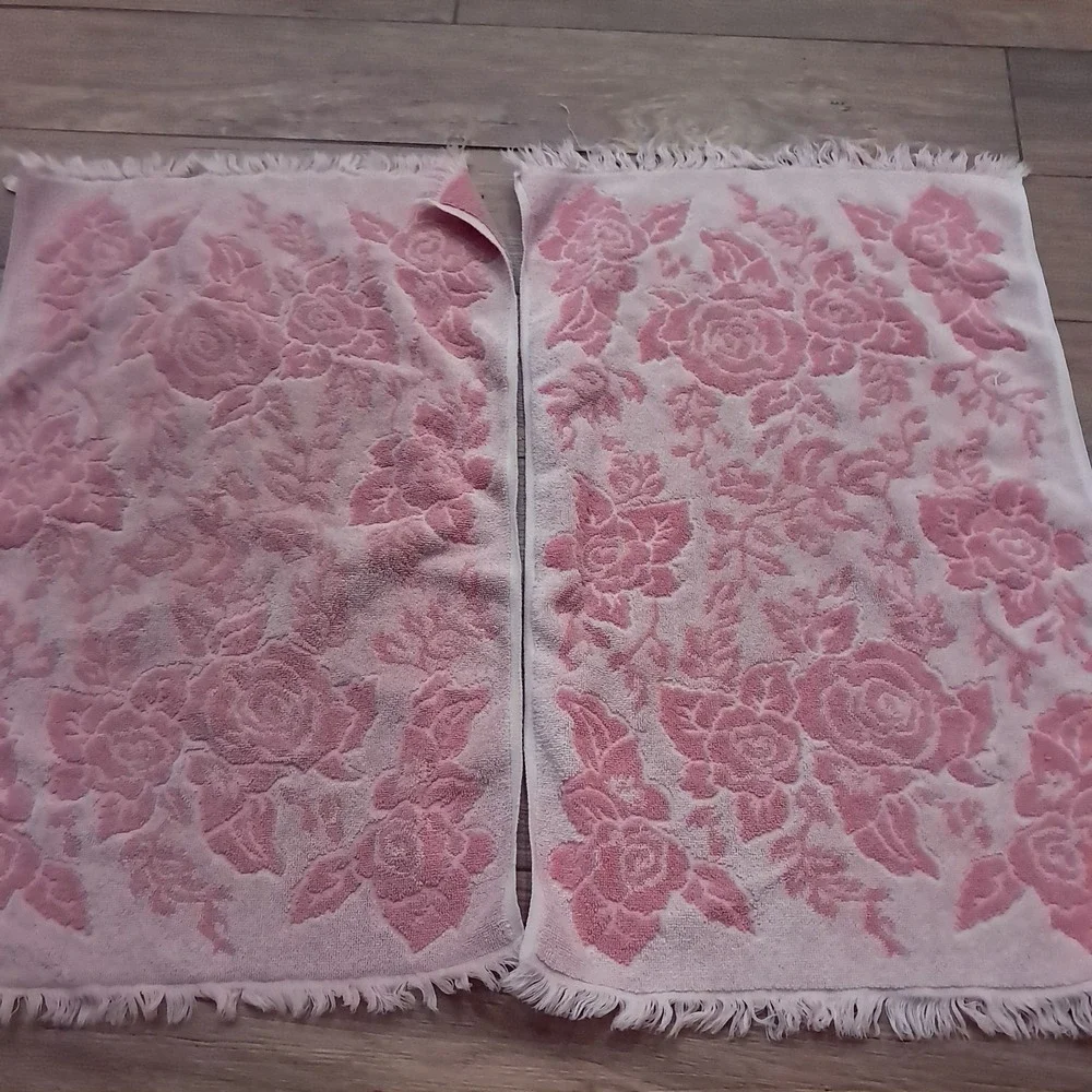 Vintage Callaway‎ Towels Pink Rose Floral hand bath fringe USA pastel reversible